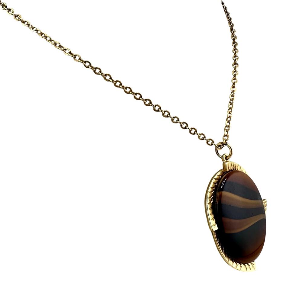 Vintage Sarah Coventry Faux Tigers Eye Art Glass MCM Gold Tone 24" Necklace